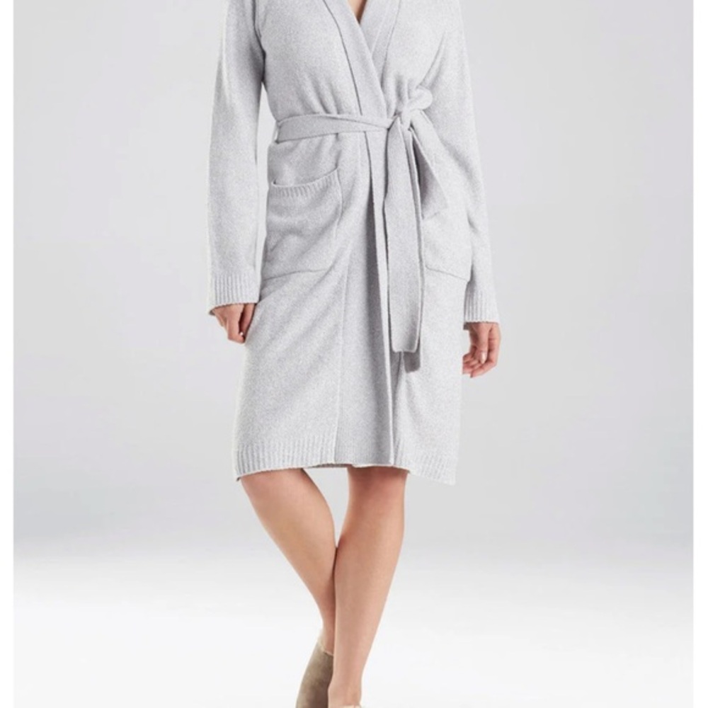 Natori Light Gray Knit Wrap Robe with Tie Belt
